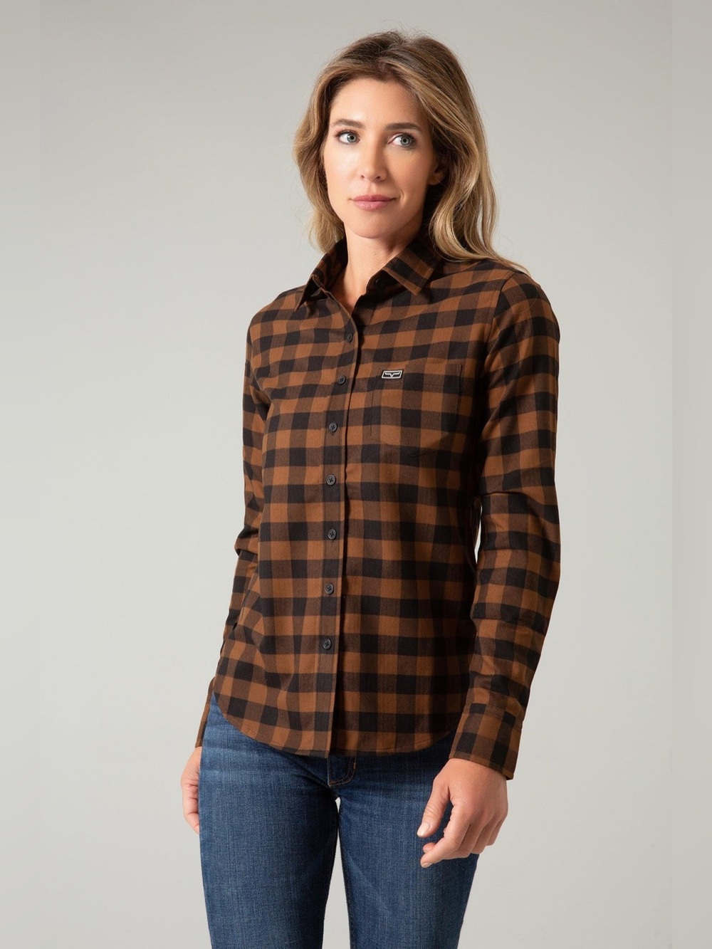 Kimes Ranch Ladies garrison plaid flannel medium brown black button down wesern